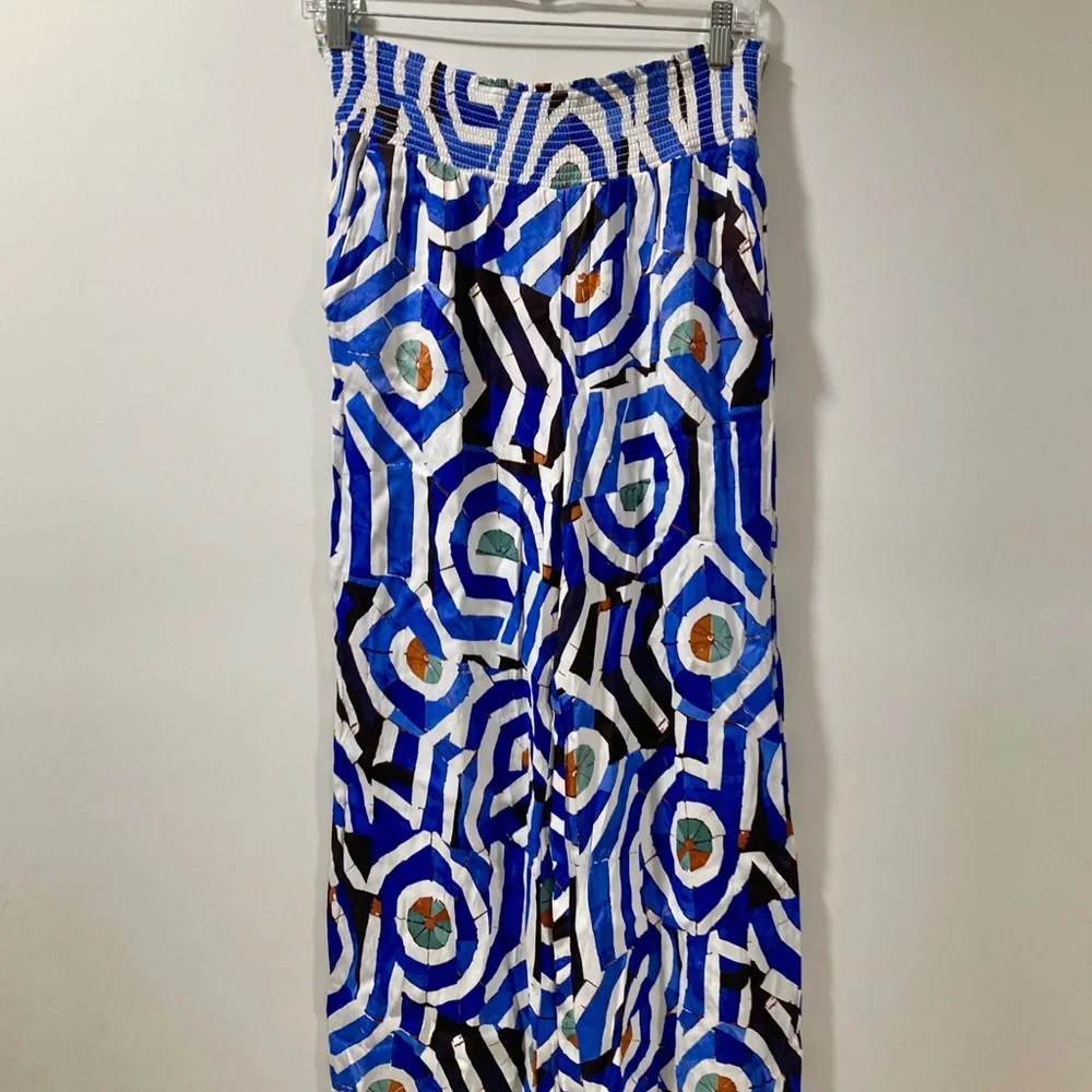 Anthropologie Maeve Saria Smocked Wide Leg Pants Blue Geometric Print Size S - Picture 2 of 5